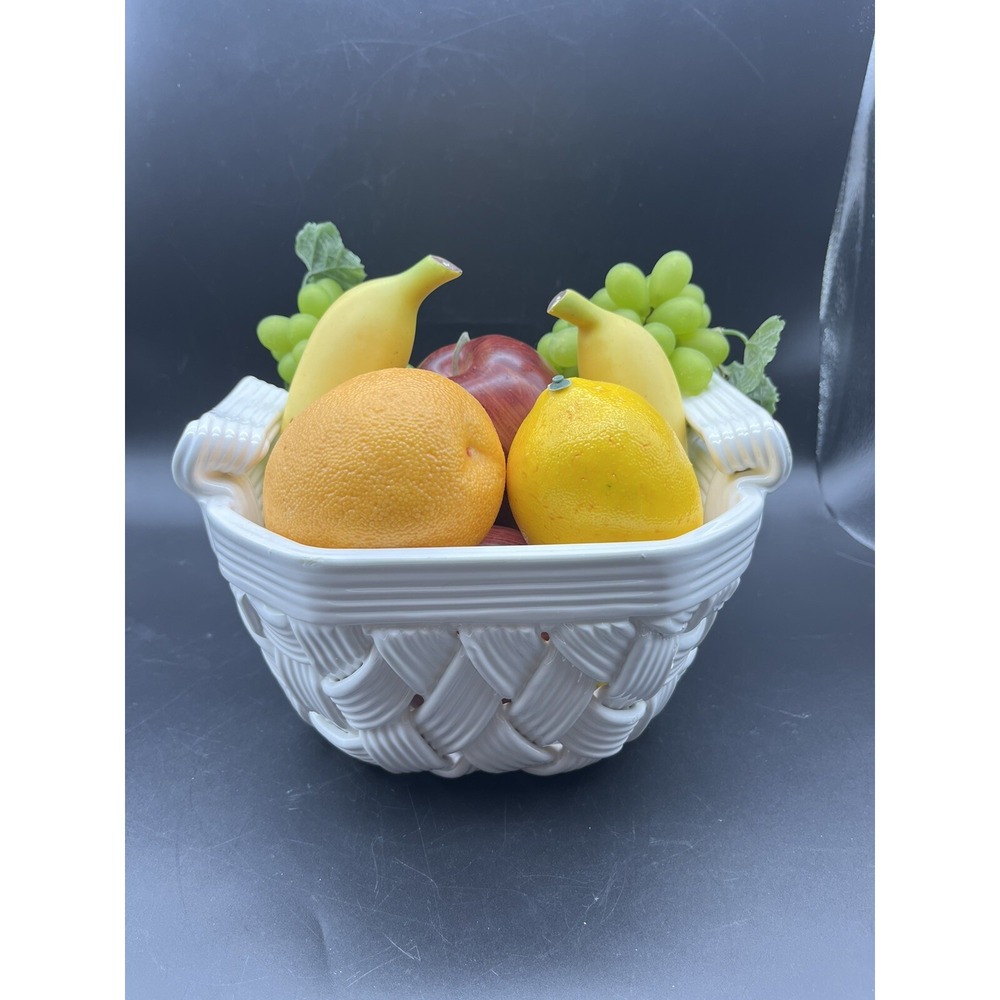 Vintage Woven Ceramic Basket Bowl Fruit Centerpiece Italy Mid Century Italian